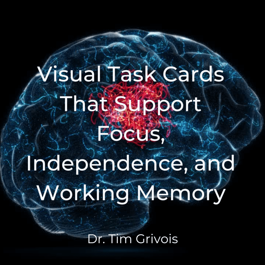 “Illustration of a human brain with highlighted neural pathways, overlaid with the title: ‘Visual Task Cards That Support Focus, Independence, and Working Memory’ by Dr. Tim Grivois. Image relates to ADHD and executive function supports in education.”