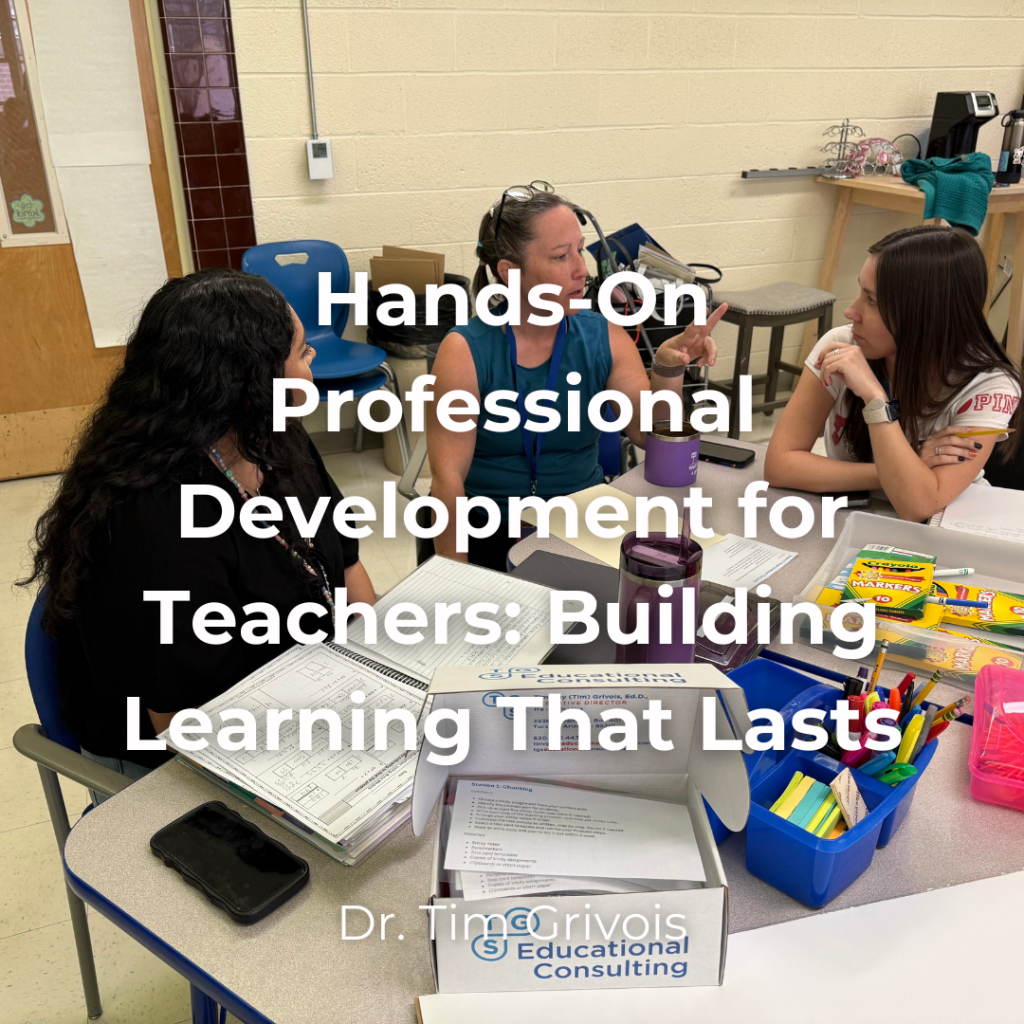 Teachers at Cavett Elementary participate in hands-on professional development, collaborating to build classroom tools during a TGS Educational Consulting session.